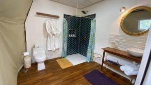 a bathroom with a toilet and a sink and a mirror at FéLIZA Rainforest Domes in Monteverde Costa Rica +28 photos