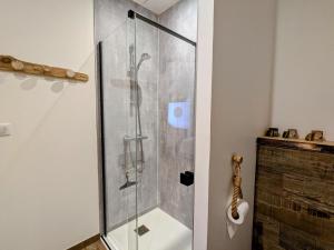 una doccia con una porta in vetro in un bagno di Chambre Bohème avec piscine chauffée et Wi-Fi gratuit - FR-1-591-704 a Faverolles