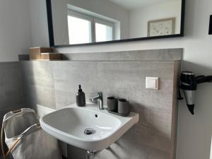 ein Badezimmer mit Waschbecken und Spiegel in der Unterkunft Haus Emma Großes Ferienhaus mit Garten für bis zu 10 Personen in Klosterdorf + 29 Fotos