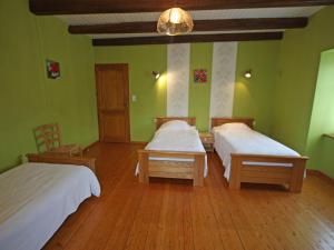 two beds in a room with green walls and wooden floors at Maison familiale avec cheminée, jardin et WiFi à Esley, Vosges - FR-1-589-743 in Esley