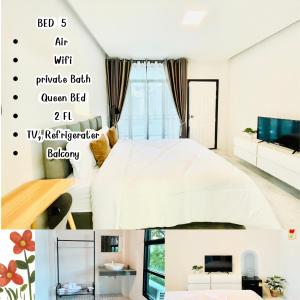 Un dormitorio con una cama y una sala de estar. en Sky View Home Airport Chiangmai, en Chiang Mai