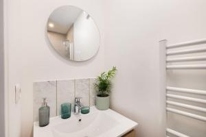 ein Badezimmer mit einem weißen Waschbecken und einem Spiegel in der Unterkunft Appart 2p cosy Paris & Disney in Gagny