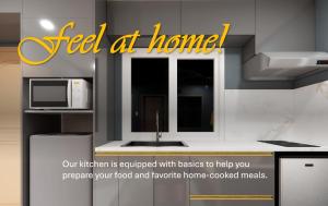 a kitchen is equipped with basics to help you prepare your food and favorite home cooked at 2BR Italian-inspired Condo Unit, Balcony Pool View in Manila