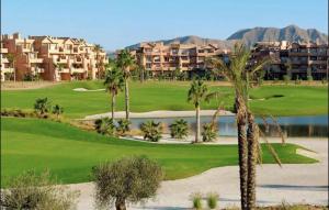 Blick auf einen Golfplatz mit Palmen und Eigentumswohnungen in der Unterkunft 3 Bed Villa Mar Menor Golf Heated Pool Terrace in Torre-Pacheco