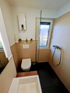 Un pequeño baño con inodoro y ducha. en Fichten Apartment, en Hannover