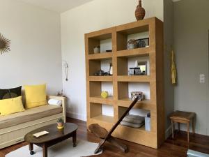 a living room with a couch and a book shelf at Domaine L'EYRE ET LE GUA - Suite privative Abella - Terrasse privée et Parc in Ambarès-et-Lagrave