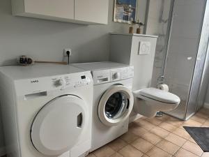 a bathroom with a washing machine and a toilet at Haus Kanalliebe in Nübbel +18 photos