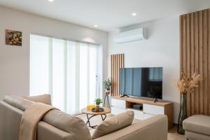 un salon avec un canapé et une télévision à écran plat dans l'établissement Holiday Home D. Maria with Sea View and Private Pool, à Blato