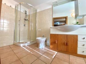 een badkamer met wastafel, douche en toilet bij La corte del meleto - appartamento in stile Valdostano in Saint-Pierre