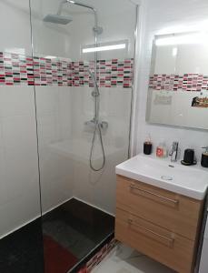 a white bathroom with a shower and a sink at Ma retraite spirituelle - curistes - à 2mn des Thermes et 45 mn de l'Espagne in Amélie-les-Bains-Palalda