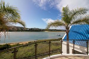 a view of the ocean from a balcony with a palm tree at River Paradise in Bushmans River Village