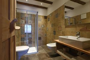a bathroom with a sink and a toilet and a shower at Agriturismo Soleseid in San Vigilio Di Marebbe +86 photos