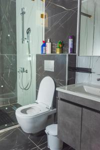 a bathroom with a toilet and a shower and a sink at Fully furnished apartment in Nyali near the beach in Mombasa