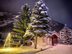 a snow covered christmas tree in front of a building at Chalet Häuschen Stadel by Interhome in Saas-Grund