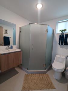 un bagno con doccia, WC e lavandino di Jaco Beach, Viva Jaco, AC, HOT water, 3 Pools, BBQ, Rancho, Office, Gym a Jacó