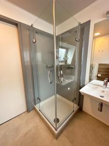 a shower with a glass door in a bathroom at Appartment Düne 3 1OG Grundbelegung 2 Pers in Elsterheide