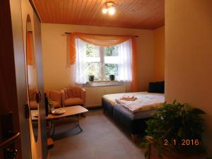 ein Schlafzimmer mit einem Bett, einem Fenster und einem Stuhl in der Unterkunft Pension Waldblick in Grillenberg