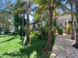 Rancho Lindas Aguas Carmo do Rio Claro في كارمو دو ريو كلارو: ساحة بها نخيل ومنزل