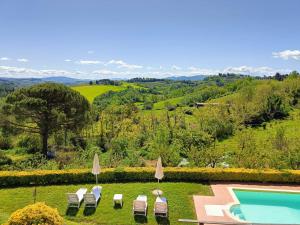 a pool with chairs and umbrellas next to a field at Borgo Fajani in Terricciola