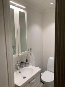 a white bathroom with a sink and a toilet at Bellmangården in Matfors