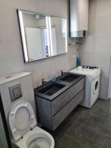 a bathroom with a toilet and a sink and a washing machine at Apartment Topla in Herceg-Novi +42 photos