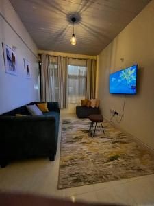 a living room with a couch and a flat screen tv at Ramshab apartments A8 in Nairobi