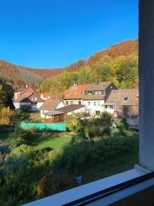 a view from a window of a town with houses at AM BERG Hotel in Herzberg am Harz