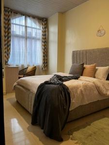 a bedroom with a large bed and a window at Ramshab apartments A8 in Nairobi +23 photos