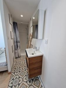 a bathroom with a sink and a mirror at La Maisonette in Plounevez-Moëdec