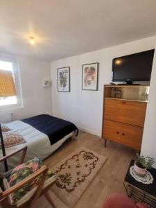 Un dormitorio con una cama y una cómoda con televisión. en Studio à Clis, en Guérande