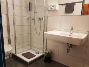 un bagno con doccia, lavandino e WC di Hotel Walz a Salzkotten
