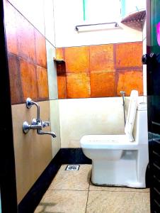 a bathroom with a white toilet in a stall at M C Greenature Holidays in Pooppara
