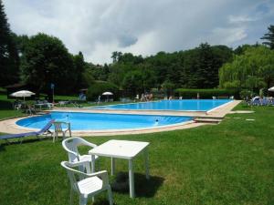 einen Pool mit Stühlen und einem Tisch im Gras in der Unterkunft Riva Del Caolino - Happy Rentals in Ispra + 26 Fotos
