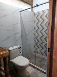 a bathroom with a toilet and a glass shower at Finca Maashaven in Mediacanoa