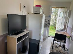 un soggiorno con TV e frigorifero di Petite maison cosy au fond du jardin a Belle-Église