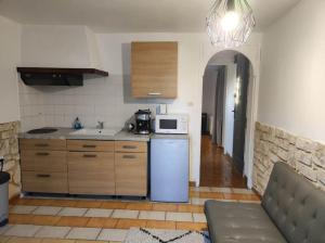 a kitchen with a refrigerator and a microwave at Studio avec chambre Camargue in Arles