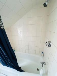 a bathroom with a tub with a blue shower curtain at Sunny room near Brown University, Whole Foods with shared bathroom 342 in Providence