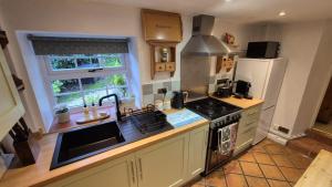 a kitchen with a stove and a refrigerator at The Hideaway in Shepton Mallet
