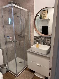 Un baño con ducha, lavabo y espejo. en Appartement clim & piscine sur Golf, en Pont-Royal