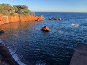 an aerial view of a body of water with rocks at Charmant petit appartement vue mer et corniche Esterel in Anthéor
