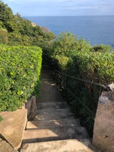 a stairway leading down to the ocean on a hill at Charmant petit appartement vue mer et corniche Esterel in Anthéor