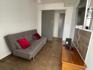 a living room with a couch with two red pillows at Apart. centro Ribeirão Hospital São Lucas in Ribeirão Preto