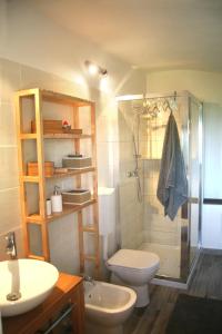a bathroom with a shower and a toilet and a sink at Cascina Brunod in Chiaverano