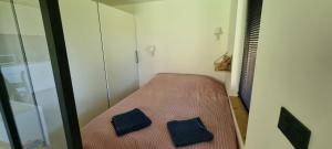 a small room with a bed with two blue pillows at Cabane dans la vallée de Chamonix in Servoz