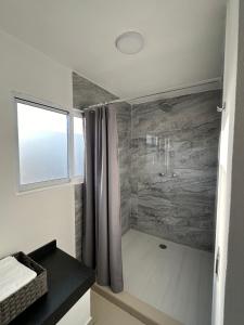 ein kleines Bad mit einer Dusche und einem Fenster in der Unterkunft DUNAMIS HOTEL in Las Manzanas