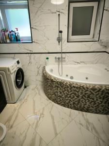 a bathroom with a tub and a washing machine at Rabka City in Rabka-Zdroj
