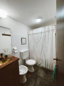 ein Badezimmer mit Toilette und Waschbecken in der Unterkunft La casita azul in San Martín de los Andes