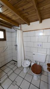 a bathroom with a toilet and a shower at Cabañas Willy in El Bolsón +10 photos