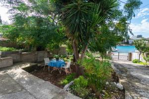 a table and chairs under a palm tree near the water at Apartments Kate in Ražanj