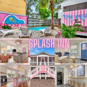 a collage of four pictures of a house at The Splash Inn Estate 4 BDR Home w Heated Pool in Tybee Island